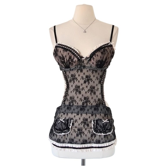 VTG Victoria Secret Sexy Little Things Pink Black Lace French Maid Bra Apron 36C - Picture 2 of 6